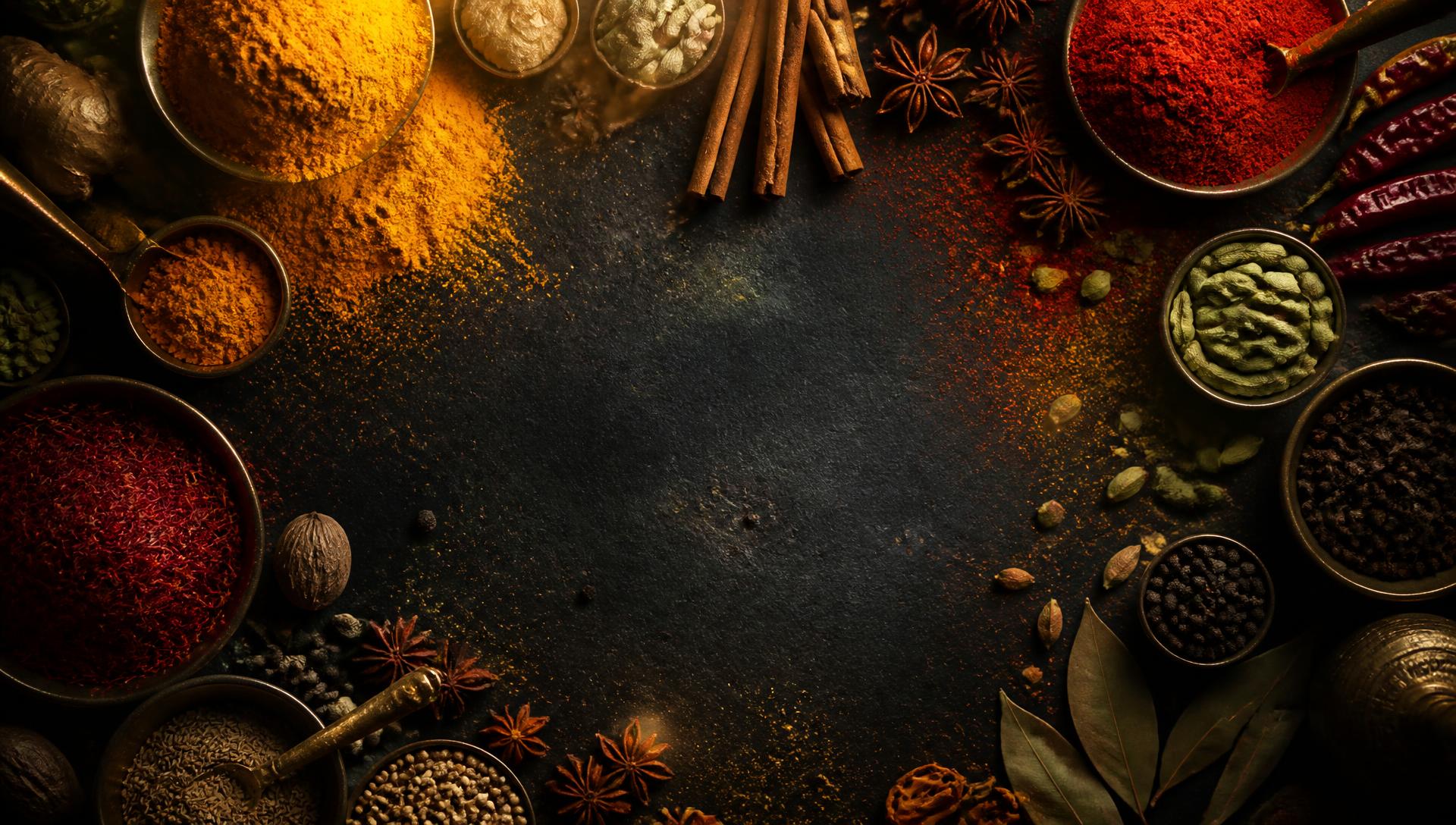 Premium Indian spices spread on dark slate
