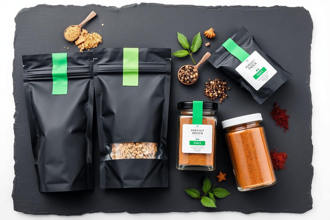 Premium spice packaging in matte black pouches