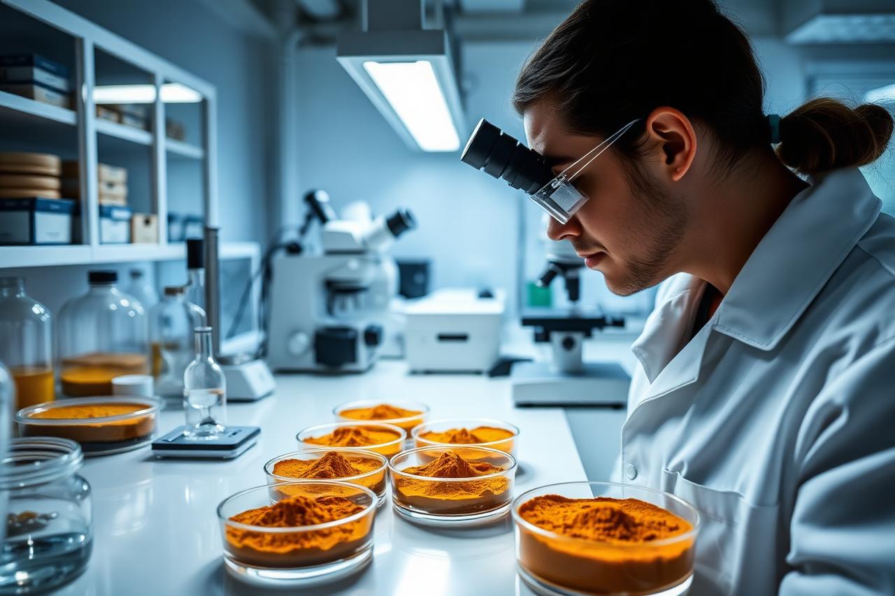 Technician testing turmeric powder samples in the SpiceAuras quality lab