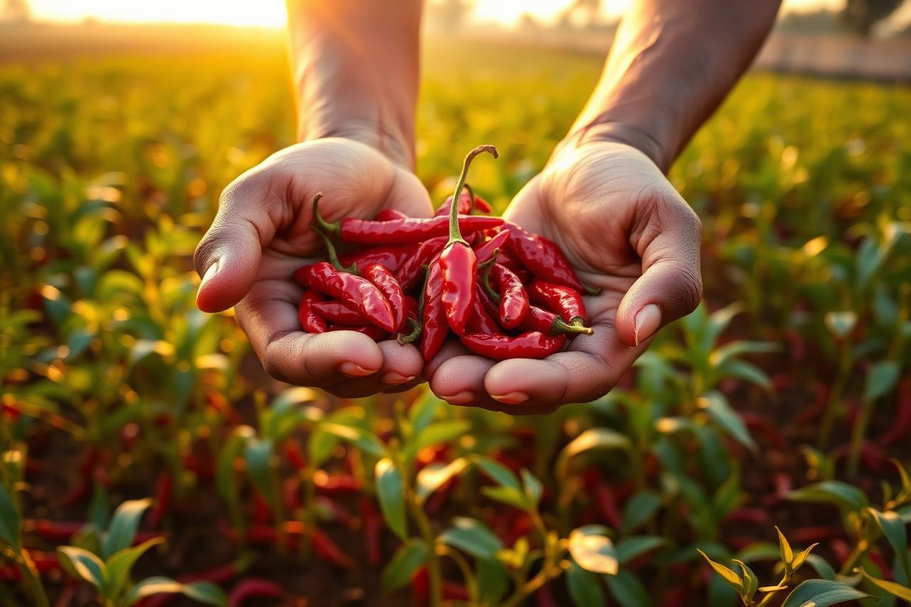 Farmer holding freshly harvested red chillies